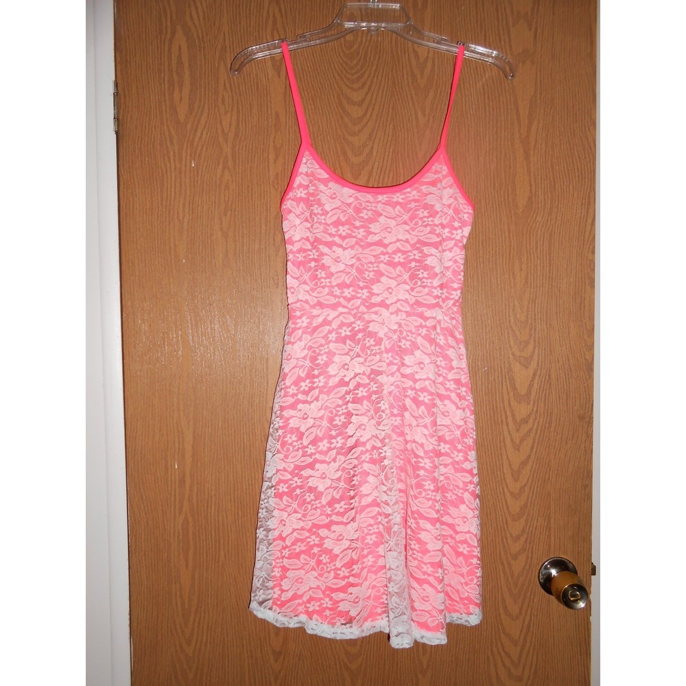 NEW Rue21 Small florescent pink white lace overlay spaghetti strap short dress!!